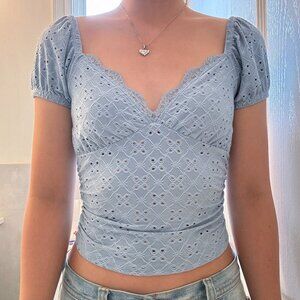 Garage blue lace puff sleeve blouse top